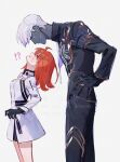  !? 1boy 1girl ahoge black_gloves black_pants black_shirt blue_eyes blush colored_skin dress earrings face-to-face facing_down facing_up fate/grand_order fate_(series) fomnant from_side fujimaru_ritsuka_(female) fujimaru_ritsuka_(female)_(decisive_battle_chaldea_uniform) gloves gold_trim grey_skin hand_on_own_hip highres indra_(fate) jewelry lightning_bolt_facial_mark long_sleeves medium_hair open_mouth orange_eyes orange_hair pants shirt short_hair simple_background standing sweatdrop white_dress white_hair 