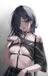  1girl breasts collarbone crop_top crop_top_lift grey_hair high-waist_skirt highres long_hair midriff_peek mizoshi-x original purple_eyes sharp_teeth shibarikini single_bare_shoulder skirt small_breasts solo standing tattoo teeth underboob 