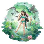  1girl :d ankle_flower arknights backpack_basket bare_legs bead_bracelet beads belt bikini bird bracelet brown_hair calligraphy choker cuora_(amongst_lotuses)_(arknights) cuora_(arknights) flower food frilled_bikini frills fruit full_body green_belt green_bikini green_eyes green_hair green_ribbon hair_between_eyes hair_flower hair_ornament hair_ribbon highres holding holding_leaf jacket jacket_over_swimsuit jewelry koi leaf leaf_on_head long_hair lotus lotus_leaf multi-tied_hair multicolored_hair necklace official_alternate_costume official_art open_mouth outdoors pagoda pink_flower pink_ribbon pond rain ribbon see-through_clothes see-through_jacket short_sleeves smile solo splashing standing strapless strapless_bikini streaked_hair studio_montagne swimsuit tassel thigh_strap third-party_source transparent_background tree turtle_girl twintails two-tone_hair wading water white_choker white_jacket wicker_basket 