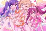  3girls :p apron black_bow blonde_hair blue_bow blue_dress blue_eyes blue_hair blunt_bangs bow bow_apron bowtie brooch buttons candy center_frills character_request chocolate closed_mouth copyright_request dress english_text feet_out_of_frame fish floating_hair food frilled_apron frilled_dress frilled_sleeves frilled_wrist_cuffs frills green_eyes hair_between_eyes hair_bow hair_ornament hairclip happy heart heart-shaped_chocolate heart-shaped_food heart_background heart_button heart_hair_ornament heart_hands holding holding_chocolate holding_food jewelry light_blush long_hair loose_hair_strand maid maid_headdress mizumi_(mizmi) multiple_girls open_mouth orange_bow orange_bowtie orange_dress outstretched_arm pink_bow pink_bowtie pink_dress pink_hair pink_wrist_cuffs puffy_short_sleeves puffy_sleeves purple_eyes shirt shirt_under_dress short_dress short_sleeves sidelocks sitting smile tareme teeth thighhighs tongue tongue_out tsurime twintails upper_teeth_only waist_apron white_apron white_background white_shirt white_thighhighs winged_heart wrist_cuffs yellow_bow yellow_wrist_cuffs 