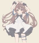  1girl absurdres ahoge arm_ribbon armpits arms_up black_bow black_bowtie black_petticoat black_scrunchie blue_eyes blue_ribbon blush_stickers bow bowtie brown_hair closed_mouth cropped_legs dress floating_hair frilled_shirt_collar frills grey_background high-waist_dress high_collar highres leg_ribbon long_hair looking_at_viewer namori original petticoat ribbon scrunchie simple_background sleeveless sleeveless_dress smile solo thigh_ribbon very_long_hair white_dress 