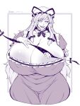  1girl areola_slip border bow bowtie breasts cleavage collar covered_navel covered_nipples cropped_legs curvy dated dress elun_(meido) frilled_collar frilled_hat frills gap_(touhou) grin hair_bow hat hat_bow hat_ribbon highres huge_breasts inverted_nipples long_hair low-tied_sidelocks mob_cap monochrome neck_ribbon open_mouth purple_dress purple_eyes purple_theme ribbon sidelocks simple_background smile solo touhou yakumo_yukari 