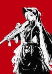  1girl anti-materiel_rifle barrett_m82a2 black_bonnet black_dress black_veil bonnet braid bullpup bustle commentary_request cowboy_shot doll_joints dress elden_ring elden_ring_nightreign eotech frilled_hat frills gothic_lolita greyscale_with_colored_background gun hat highres holding holding_gun holding_weapon joints juliet_sleeves lolita_fashion long_hair long_sleeves low_twin_braids official_alternate_costume osakana_(denpa_yun&#039;yun) puffy_sleeves red_background revenant_(elden_ring) rifle sniper_rifle solo twin_braids veil vertical_foregrip weapon 
