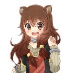  1girl :d alternate_eye_color animal_ear_fluff animal_ears black_dress brown_eyes brown_hair child collar collarbone commentary dress english_commentary flat_chest hair_between_eyes hand_up highres long_hair long_sleeves looking_at_viewer messy_hair metal_collar metal_hair_tubes metal_wrist_cuffs raccoon_ears raccoon_girl raphtalia red_dress short_sleeves simple_background smile snkagawa solo striped_clothes striped_dress tate_no_yuusha_no_nariagari teeth two-tone_dress upper_teeth_only vertical-striped_clothes vertical-striped_dress white_background white_dress 