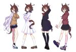  1girl agnes_tachyon_(umamusume) ahoge alternate_costume animal_ears ankle_socks arm_up bare_legs black_shirt black_shoes black_skirt black_socks black_thighhighs blue_ribbon blue_shoes bow bowtie brown_hair brown_shoes brown_sweater brown_tail coat coat_on_shoulders collared_shirt commentary_request crossed_arms grey_shoes grin hair_between_eyes hand_in_own_hair highres hood hoodie horse_ears horse_girl horse_tail kneehighs lab_coat loafers long_sleeves looking_at_viewer looking_back looking_to_the_side medium_hair medium_skirt miniskirt multicolored_shoes multiple_views neck_ribbon plaid_clothes plaid_skirt pleated_skirt red_bow red_bowtie red_hoodie ribbon school_uniform shirt shirt_tucked_in shirt_under_sweater shoe_soles shoes short_sleeves sidelocks simple_background skirt smile smug sneakers socks split_mouth sweater tail tenagaebi thighhighs two-tone_shoes umamusume uwabaki white_background white_shirt white_shoes white_skirt white_socks wide_sleeves 