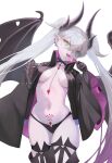  1girl absurdres black_cloak black_hands black_panties black_thighhighs body_markings breasts candy cloak colored_extremities commentary crossed_bangs demon_girl demon_horns demon_wings ear_piercing fate/grand_order fate_(series) food green_eyes grey_hair hair_around_horn hair_between_eyes highres holding holding_candy holding_food holding_lollipop horns lilith_(fate) lilith_(second_ascension)_(fate) lollipop long_hair looking_at_viewer navel open_mouth panties piercing pointy_ears pubic_tattoo saliva saliva_trail shaded_face shadow smile snake snake_wrapped_around_body solo stomach_tattoo tattoo tattoo_between_breasts thighhighs thighs tongue tongue_out tuhua_shouluo_(dohwasura) twintails underwear very_long_hair white_background wings 