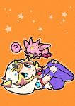  1boy 1other ? blonde_hair blue_eyes chibi chibi_only colored_skin commentary cosplay heart_ornament highres hood hood_up hoodie horseshoe_hat_ornament horseshoe_ornament johnny_joestar johnny_joestar_(cosplay) jojo_no_kimyou_na_bouken lying m_a_a_m_8 male_focus medium_hair on_back orange_background pants pink_skin purple_pants red_sleeves short_sleeves spoken_question_mark stand_(jojo) star_(sky) star_(symbol) star_print starry_sky_background steel_ball_run symbol-only_commentary tusk_(stand) tusk_act1 two-tone_sleeves white_hoodie white_sleeves wristband 