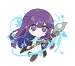  1girl black_coat black_pantyhose blunt_ends blush bug butterfly chibi chibi_only chinese_commentary closed_mouth coat commentary_request double-parted_bangs dress expressionless fern_(sousou_no_frieren) highres holding holding_staff long_hair mage_staff magic no_feet no_pupils pantyhose purple_eyes purple_hair simple_background solo sousou_no_frieren staff very_long_hair white_background white_dress xijian 