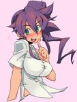  blush breasts coso-ri drill_hair green_eyes heart large_breasts long_hair looking_at_viewer open_mouth original purple_hair shirt short_sleeves side_ponytail smile solo umizakura_tachimi 