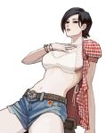  1girl absurdres ada_wong belt black_hair bra breasts highres jewelry looking_at_viewer medium_breasts navel resident_evil resident_evil_4 resident_evil_4_(remake) ring shirt short_hair shorts solo underwear xyanaid 