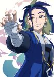  1boy adaman_(pokemon) black_shirt blue_coat blue_hair brown_eyes coat commentary_request earrings eyebrow_cut grin hand_wraps highres jewelry looking_back loose_hair_strand male_focus multicolored_hair neck_ring open_clothes open_coat outstretched_arm pokemon pokemon_legends:_arceus sasami_642 shirt smile solo teeth upper_body 
