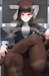  1girl absurdres black_hair black_jacket blazer blue_archive blush breasts bright_pupils brown_pantyhose cameltoe commentary_request crossed_legs hair_ornament hairclip halo highres jacket korean_commentary large_breasts long_hair looking_at_viewer pantyhose parted_lips red_eyes ribbed_sweater ringed_eyes rio_(blue_archive) sdwg7387 sitting solo sweat sweater turtleneck turtleneck_sweater variant_set white_pupils 