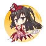  1girl alternate_costume arm_ribbon bare_shoulders black_hair black_ribbon blunt_ends blush breasts chibi chibi_only cleavage commentary_request convenient_leg dress flower full_body fuyukichi_(nikoniko1567) hair_between_eyes halloween_costume hand_up hat hat_flower high_heels highres knee_up large_breasts long_hair looking_at_viewer neck_flower no_bra pantyhose pink_pantyhose red_dress red_hair red_shoes ribbon riding rose sanoba_witch shoes simple_background sitting sleeveless sleeveless_dress smile solo spider_web_hair_ornament spider_web_print straight_hair togakushi_touko torn_clothes torn_pantyhose two_side_up white_flower white_rose witch witch_hat yellow_background yellow_eyes 