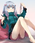  :| =3 aqua_jacket bangs bare_legs barefoot bed_sheet bloomers blue_eyes blunt_bangs blush bow breasts closed_mouth commentary_request drawing_tablet eromanga_sensei expressionless eyebrows_visible_through_hair frills gradient gradient_background hair_bow holding holding_panties izumi_sagiri jacket knees_up leaning_back legs long_hair long_sleeves panties panties_removed pillow pink_bow shiny shiny_hair sidelocks silver_hair sitting small_breasts solo somechime_(sometime1209) striped striped_panties stylus tablet tareme track_jacket twitter_username underwear v-shaped_eyebrows very_long_hair 