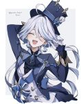  1girl ahoge ascot black_ascot blue_coat blue_hair blue_sash brooch closed_eyes coat commentary_request cropped_torso facing_viewer furina_(genshin_impact) genshin_impact gloves grey_background grey_hair highres jewelry long_hair multicolored_hair open_mouth sash simple_background smile solo streaked_hair tailcoat teeth upper_teeth_only vest white_background white_gloves white_vest yanagida_shiina 