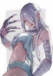  1girl a.k.i._(street_fighter) absurdres ap_cammy bandage_over_one_eye bandaged_arm bandaged_neck bandages bikini breasts claw_(weapon) claw_ring grey_bikini grey_hair hair_over_one_eye highres looking_at_viewer mole mole_under_mouth official_alternate_costume official_alternate_hairstyle red_lips simple_background solo street_fighter street_fighter_6 swimsuit underboob weapon 