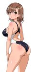  1girl ass blue_one-piece_swimsuit blush breasts brown_eyes brown_hair competition_swimsuit from_behind frozen_gingasan hair_ornament highleg highleg_one-piece_swimsuit highres looking_at_viewer looking_back medium_breasts misaka_mikoto multicolored_swimsuit one-piece_swimsuit shiny_skin short_hair simple_background solo standing swimsuit toaru_kagaku_no_railgun toaru_majutsu_no_index tokiwadai_school_swimsuit two-tone_one-piece_swimsuit two-tone_swimsuit white_background 