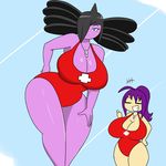  anthro big_breasts black_hair blue_eyes breasts cleavage clothed clothing duo eyes_closed female gothitelle hair hair_over_eye human igphhangout lifeguard madison mammal nintendo one-piece_swimsuit pink_skin pok&eacute;mon purple_hair smile swimsuit thick_thighs video_games 