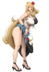  1girl absurdres bikini bikini_under_clothes black_bikini blonde_hair blue_sarong breasts cleavage crop_top curvy cynthia_(pokemon) cynthia_(summer_2025)_(pokemon) flower full_body grey_eyes hair_flower hair_ornament hair_over_one_eye hibiscus high_heels highres large_breasts licking_lips long_hair navel open_mouth pokemon pokemon_masters_ex red_flower sarong shirt simple_background solo stomach swimsuit thighs tied_shirt tongue tongue_out very_long_hair wasabishouyu white_background 