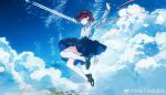  1girl absurdres axleaki black_shoes blue_eyes blue_shirt blue_skirt brown_hair chinese_commentary cloud commentary_request contrail falling girls_band_cry highres iseri_nina kneehighs long_sleeves low_twintails neck_ribbon open_mouth ribbon shirt shoes short_hair short_twintails skirt sky socks solo string string_of_fate twintails watermark weibo_watermark white_socks 