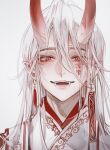  1boy :d absurdres bishounen earrings facepaint fangs fangs_out grey_background hair_between_eyes highres horns japanese_clothes jewelry kimono long_hair looking_at_viewer male_focus oni open_mouth original pointy_ears portrait red_eyes red_horns simple_background slit_pupils smile solo tassel tassel_earrings teeth upper_body white_background white_hair white_kimono young57440489 