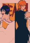  1boy 1girl back_cutout bare_shoulders black_hair bleach clothing_cutout dress food fruit hair_between_eyes highres kuchiki_rukia kurosaki_ichigo orange_eyes orange_hair purple_eyes short_hair spiked_hair star_(sr67305775) strawberry white_dress 