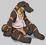  2016 alligator anthro bottomless claws clothed clothing crocodilian digital_drawing_(artwork) digital_media_(artwork) flaccid flookz grey_background male penis piercing red_eyes reptile scalie shirt simple_background solo tank_top teeth 