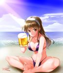  alcohol ashigara_(kantai_collection) bare_arms bare_legs bare_shoulders barefoot beach beer beer_mug between_legs bikini blue_sky blush breasts brown_eyes brown_hair cleavage cloud collarbone commentary_request cup dated day eyebrows_visible_through_hair feet foreshortening hairband hand_between_legs holding holding_cup horizon indian_style kantai_collection kasu_kazu legs light_rays long_hair looking_at_viewer medium_breasts ocean outdoors purple_bikini sand shiny shiny_skin signature sitting skindentation sky smile solo strap_gap sunbeam sunlight swimsuit toes water white_hairband 