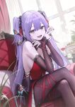  1girl alternate_costume bare_shoulders between_fingers breasts brown_thighhighs chair coin commentary_request crossed_legs detached_sleeves dress epic_seven highres holding korean_commentary long_hair long_sleeves looking_at_viewer medium_breasts open_mouth purple_hair red_dress rinak_(epic_seven) sideboob sitting sleeveless sleeveless_dress smile solo thighhighs twintails very_long_hair yellow_eyes yohaku 