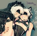  1boy 1girl 2b_(nier:automata) 9s_(nier:automata) android animal_ear_headphones animal_ears black_hairband blindfold cleavage_cutout clenched_teeth clothing_cutout commentary dated fake_animal_ears femdom fingerless_gloves garter_straps gloves hairband headphones highres nier:automata nier_(series) nipples paid_reward_available see-through_clothes signature sintastein teeth trap white_hair 