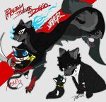  2boys amamiya_ren animal_ears axontatsu black_coat black_fur blue_fire cat_ears cat_nose character_name coat commentary_request cutlass dog dog_ears dog_nose dog_tail english_text fire glasses highres holding holding_sword holding_weapon joker_(persona_5) looking_at_viewer looking_to_the_side masked morgana_(cat)_(persona_5) morgana_(persona_5) multicolored_fur multiple_boys neckerchief open_mouth persona persona_5 school_uniform signature smile sword tail weapon white_fur yellow_neckerchief 