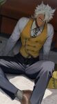  1boy animal_ears black_necktie black_pants brown_shoes collared_shirt commentary_request couch dark-skinned_male dark_skin diagonal-striped_clothes diagonal-striped_necktie glaring gold_trim grey_socks grimace hair_over_one_eye highres jack_howl jip looking_at_viewer male_focus necktie on_floor pants shirt shoes socks solo striped_clothes tail twisted_wonderland vest white_hair white_necktie white_shirt wolf_boy wolf_ears wolf_tail yellow_eyes yellow_vest 