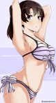  :o armpits arms_behind_head arms_up bangs banned_artist bikini blunt_bangs blush bow breasts brown_eyes brown_hair cleavage collarbone commentary cowboy_shot from_side front-tie_bikini front-tie_top katou_megumi long_hair looking_at_viewer looking_to_the_side medium_breasts mole mole_on_neck navel open_mouth pink_hair ponytail saenai_heroine_no_sodatekata side-tie_bikini solo standing stomach striped striped_bow swimsuit tareme tasora twitter_username two-tone_background 