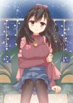  1girl arm_under_breasts bench black_hair black_pantyhose blue_skirt blunt_ends blush bow breasts casual closed_mouth commentary_request eyes_visible_through_hair feet_out_of_frame floating_hair flower fuyukichi_(nikoniko1567) hair_between_eyes hair_bow half_updo hand_on_own_arm happy high-waist_skirt highres jewelry large_breasts long_hair looking_at_viewer necklace night official_alternate_costume official_alternate_hairstyle on_bench orange_bow outdoors pantyhose pink_flower pink_rose pink_shawl pleated_skirt ponytail purple_bow red_sweater ribbed_sweater rose sanoba_witch shawl sitting skirt sleeves_past_wrists smile snowing solo straight-on straight_hair sweater togakushi_touko turtleneck winter winter_clothes yellow_eyes 
