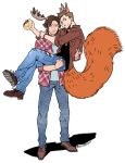 2boys animal_ears antlers black_shirt blue_shirt brothers brown_jacket brown_shoes burger carrying dean_winchester denim food food_on_face full_body holding holding_food horns hug incest jacket jeans male_focus moose_antlers multiple_boys pants pensan princess_carry red_jacket sam_winchester shirt shoes siblings squirrel_ears squirrel_tail standing supernatural_(tv_series) tail torn_clothes torn_jeans torn_pants yaoi 