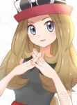  1girl :d aoneko4ao_(edwf7745) brown_hair collared_shirt commentary_request eyelashes grey_eyes hands_up happy hat highres long_hair looking_at_viewer open_mouth pink_hat pokemon pokemon_xy serena_(pokemon) shirt sleeveless sleeveless_shirt smile solo sunglasses upper_body watermark white-framed_eyewear 