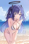  1girl absurdres beach bikini black_halo blue_archive blue_eyes blue_sky breasts cleavage cloud collarbone criss-cross_halter day grin halo halterneck hands_on_own_thighs highres large_breasts leaning_forward long_hair looking_at_viewer ocean outdoors purple_hair sky smile sob_(submar1089) solo string_bikini swimsuit two_side_up very_long_hair white_bikini yuuka_(blue_archive) 