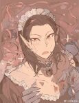  1boy :3 baldur&#039;s_gate baldur&#039;s_gate_3 bell black_hair blood blush cazador_szarr crossdressing crossdressing_(mtf) dungeons_&amp;_dragons earrings fangs hair_slicked_back highres holding_tooth jewelry maid maid_headdress male_focus medium_hair monolids neck_bell pale_color red_eyes ribbon smile solo tooth vampire vihua6 