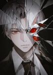  1boy black_background black_jacket black_necktie black_suit broken_glass broken_mirror closed_mouth collared_shirt crack cracked_glass different_reflection formal_clothes glass gwechul highres jacket korean_commentary lee_jaheon looking_at_viewer male_focus mirror monster necktie parted_bangs portrait red_eyes reflection shirt short_hair simple_background solo suit white_hair white_shirt young57440489 