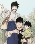  1girl 2boys :d ^_^ aged_down arm_around_neck arm_up baby bag black_shirt blue_skirt blush cardigan carrying carrying_baby carrying_person closed_eyes commentary ddub1618 father_and_son feet_out_of_frame fushiguro_megumi fushiguro_touji grey_cardigan grey_eyes handbag high-waist_skirt highres hood hoodie jacket jewelry jujutsu_kaisen light_smile long_skirt looking_to_the_side megumi&#039;s_mother_(jujutsu_kaisen) mother_and_son multiple_boys open_clothes open_jacket outdoors parted_lips person_on_shoulder ring scar_on_lip shirt short_hair sitting_on_shoulder skirt sleeves_rolled_up smile spiked_hair striped_clothes striped_hoodie sweater_tucked_in symbol-only_commentary tree upper_body v watch wristwatch yellow_hoodie 