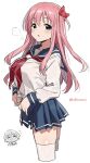  1girl artist_name blue_eyes blue_sailor_collar blue_skirt bow breasts character_request chibi chibi_inset cropped_legs from_side hair_bow haramura_nodoka kiyosumi_school_uniform large_breasts long_hair long_sleeves looking_at_viewer neckerchief parted_lips pink_hair pleated_skirt red_bow red_neckerchief sailor_collar saki_(manga) school_uniform serafuku shirt shisoneri simple_background skirt solo thighhighs twitter_username white_background white_shirt white_thighhighs 