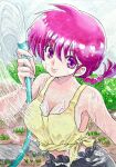  1girl absurdres bare_shoulders black_pants blue_eyes braid braided_ponytail breasts cleavage color_ink_(medium) commentary_request highres holding holding_hose hose kengo_(kings_area_81) large_breasts midriff midriff_peek outdoors painting_(medium) pants pink_hair ponytail ranma-chan ranma_1/2 shirt single_braid smile solo spraying tank_top tied_shirt traditional_media water watercolor_(medium) wet wet_clothes wet_hair wet_shirt yellow_shirt 