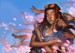  1girl artist_name black_hair blue_sky closed_eyes closed_mouth commentary crossed_arms deoxy_diamond devil_fruit_power english_commentary extra_arms eyewear_on_head highres long_hair nico_robin one_piece orange-tinted_eyewear pink_petals short_sleeves sky solo tinted_eyewear upper_body 