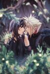  1boy 1girl armor bare_shoulders black_gloves black_hair black_thighhighs blue_eyes blurry blurry_background blurry_foreground blush bracelet cloud_strife couple earrings elbow_gloves english_commentary eye_contact final_fantasy final_fantasy_vii final_fantasy_vii_rebirth final_fantasy_vii_remake fingerless_gloves gloves highres jewelry knees_up leaf long_hair looking_at_another looking_to_the_side materia outdoors parted_lips rain red_eyes seilidare short_hair shoulder_armor single_arm_guard sitting sleeveless sleeveless_turtleneck sparkle spiked_hair stud_earrings sweater tank_top thighhighs tifa_lockhart tree turtleneck turtleneck_sweater under_tree white_tank_top 