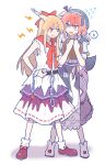  2girls apron aqua_eyes bare_shoulders belt black_belt blonde_hair blue_apron blue_hat blue_shirt blush boots bow bowtie brown_eyes chain cloud_print collared_shirt commentary_request crossed_bangs cup flying_sweatdrops full_body hair_bow hands_up hat highres holding holding_cup holding_tray horn_ornament horn_ribbon horns ibuki_suika lightning_bolt_symbol long_hair looking_at_another low-tied_long_hair multiple_girls ofuda ofuda_on_clothes okunoda_miyoi oni open_mouth pink_hair puffy_short_sleeves puffy_sleeves purple_ribbon purple_shoes purple_skirt red_bow red_bowtie ribbon rog_33 shadow shirt shoes short_hair short_sleeves sidelocks simple_background skirt sleeveless sleeveless_shirt smile socks spoken_sweatdrop standing sweatdrop teeth tokkuri touhou tray triangle whale_hat white_background white_boots white_shirt white_socks wristband 