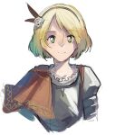  1girl blonde_hair capelet green_eyes hairband highres kornod looking_at_viewer medium_hair original red_capelet shirt solo straight-on upper_body white_background white_shirt 