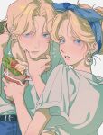  1boy 1girl blonde_hair blue_eyes brother_and_sister char_aznable earrings food gundam hairband highres holding holding_food jewelry kena131 looking_at_viewer looking_back mobile_suit_gundam open_mouth sayla_mass shirt short_hair siblings simple_background sweatdrop white_background white_shirt wiping_mouth 