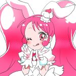 1girl ;q animal_ears big_hair bow bowtie cake closed_mouth commentary cowboy_shot cure_whip dot_nose double_w dress earrings extra_ears eyelashes floppy_ears food food-themed_hair_ornament frilled_sleeves frills fruit fuasora gloves hair_ornament hairband halftone happy jewelry kirakira_precure_a_la_mode light_blush long_hair looking_at_viewer magical_girl one_eye_closed partially_colored pink_bow pink_bowtie pink_eyes pink_hair pom_pom_(clothes) pom_pom_earrings precure puffy_short_sleeves puffy_sleeves rabbit_ears rabbit_girl rabbit_tail short_sleeves simple_background smile solo strawberry strawberry_shortcake tail tareme tongue tongue_out twintails upper_body usami_ichika very_long_hair w white_background 