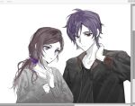  1boy 1girl black_jacket black_shirt brown_hair grey_sweater hair_ornament hair_scrunchie hand_up illowine jacket junpei_(kyokugen_dasshutsu) kurashiki_akane kyokugen_dasshutsu long_hair looking_at_viewer low_ponytail pale_skin ponytail purple_eyes purple_hair purple_scrunchie red_eyes scrunchie shirt simple_background sweater upper_body white_background 