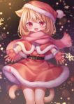  1girl :d animal_ears belt blonde_hair blurry capelet cat_ears cat_girl cat_tail christmas depth_of_field dress erunoto fang fur-trimmed_capelet fur-trimmed_dress fur-trimmed_headwear fur_trim gloves hat highres light_particles merry_christmas open_mouth original pink_hair pink_scarf red_capelet red_dress red_gloves red_hat santa_costume santa_dress santa_hat scarf smile tail 